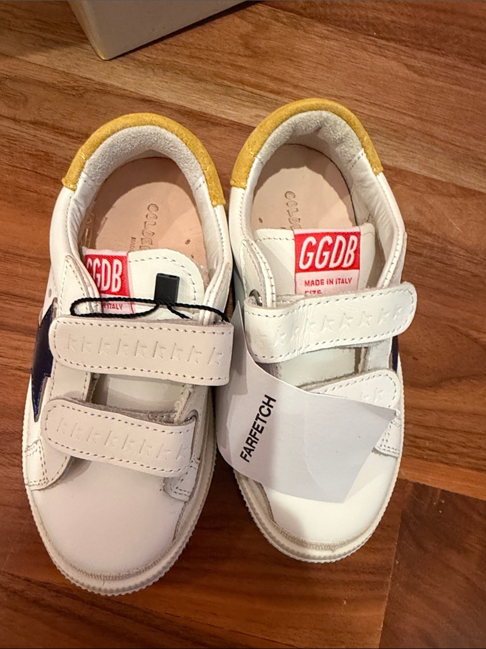 Golden Goose Kids White Leather Sneakers with Navy Star and Yellow Heel